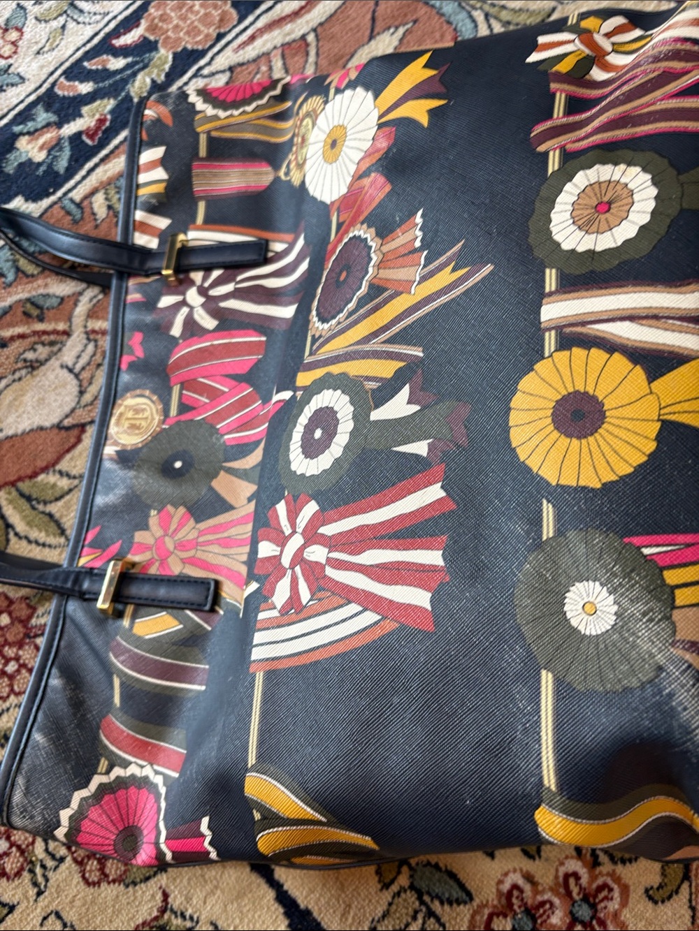 Talbots Navy Floral Ribbon Tote with Gold Accents